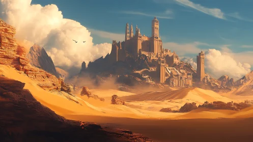Stratified desert citadel under volumetric cloud canopy.