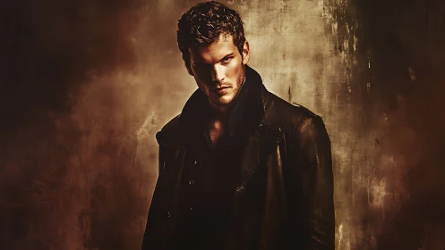 Moody male portrait in leather coat against grunge backdrop