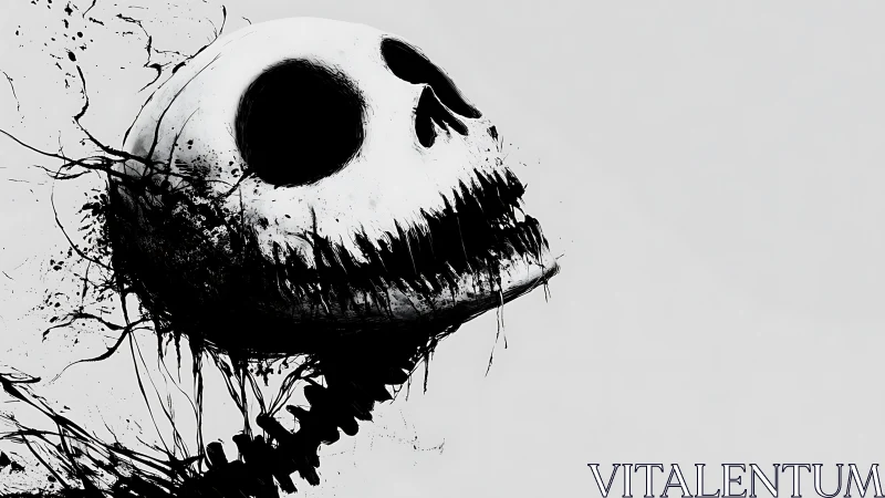 High-contrast ink-splatter skull forms abstract skeletal silhouette