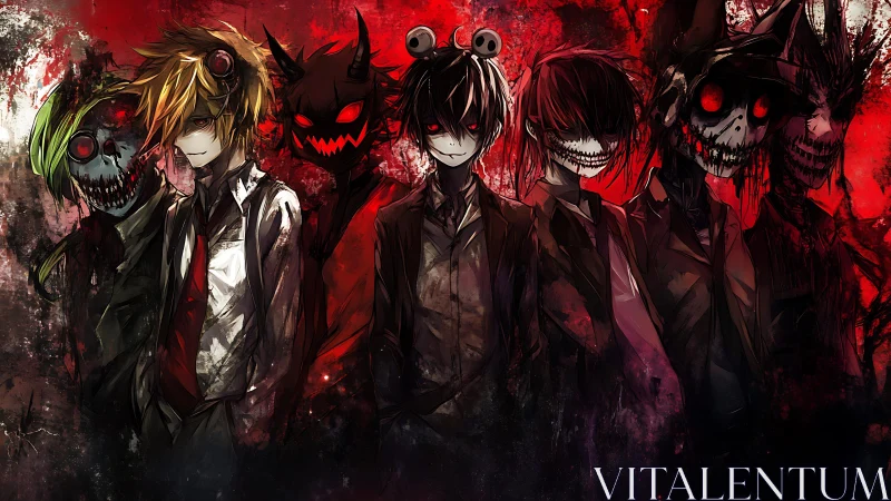 Sinister anime silhouettes emerge through crimson chaos.