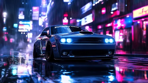 Neon blue muscle car glows on rainy cybercity street at night.