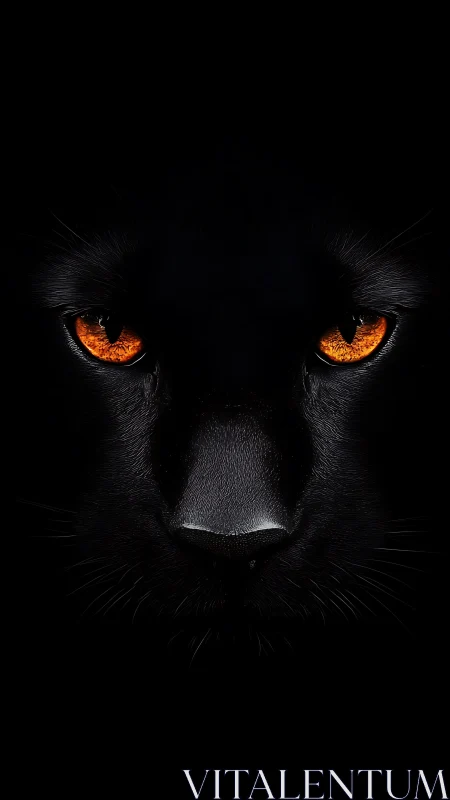 Black Cat Face with Amber Eyes Against Dark Background.