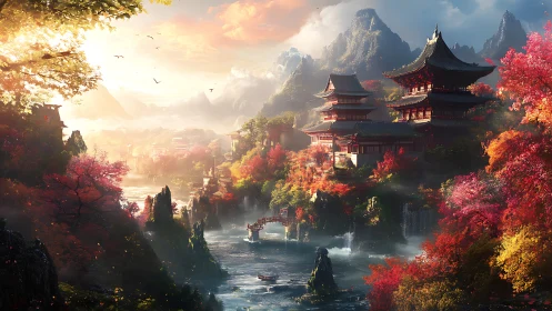 Autumnal mountain temple complex above misted river valley.