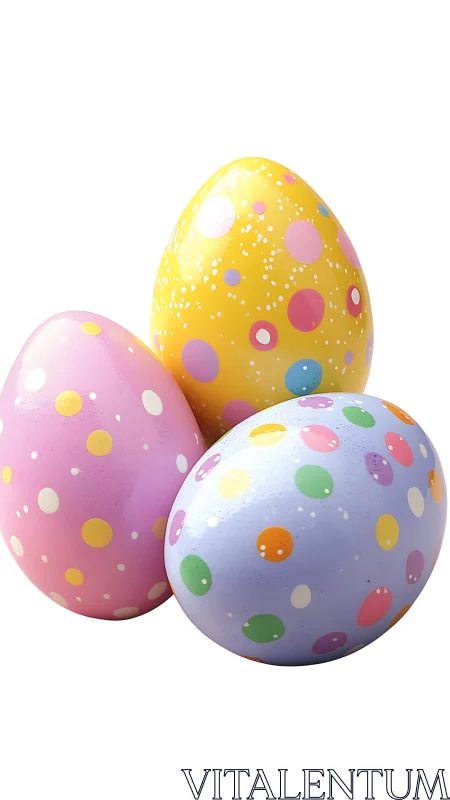 Triadic polka‑dot eggs under uniform diffuse illumination.