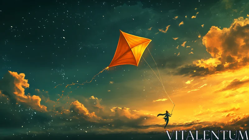 Golden kite drifts through a dreamlit twilight sky.
