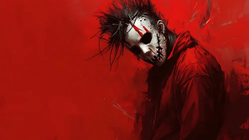 Masked slasher portrait in high-contrast red horror palette.