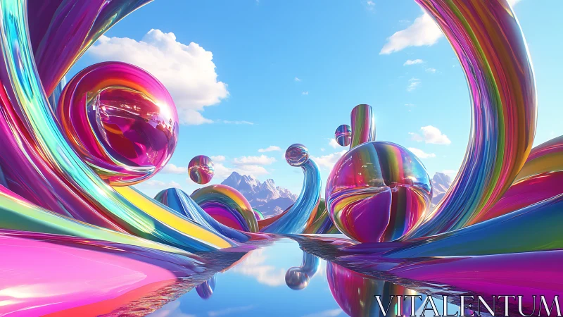 Iridescent 3D spheres swirling over reflective rainbow valley.