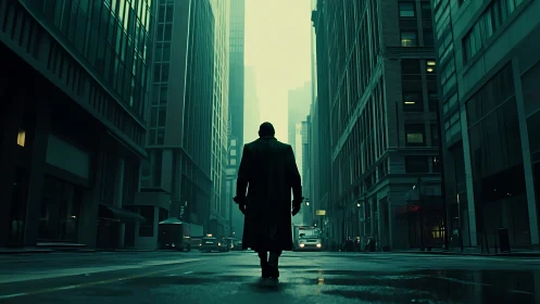Lone figure walks through cinematic teal city canyon street.