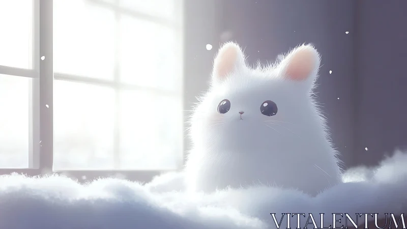 Fluffy White Cat in Snow by Sunlit Window.