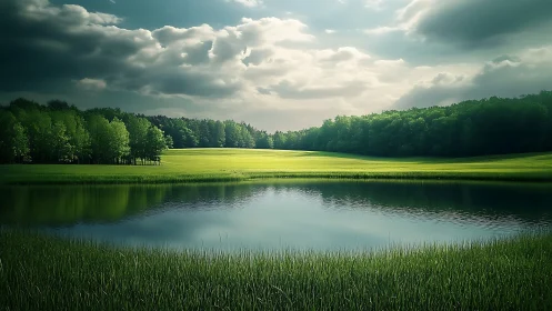 Sunlit meadow and reflective pond under dramatic storm clouds.