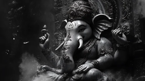 Monochrome Ganesh idol amid swirling smoke and shadow.