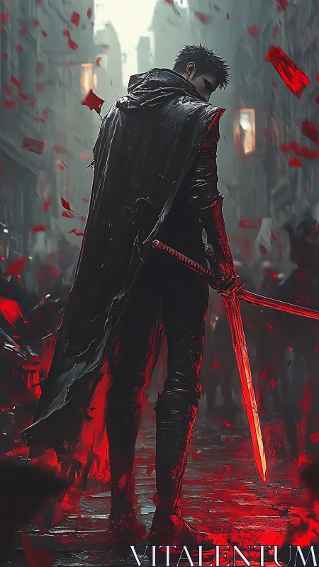 Red-lit cloaked swordsman dominates rain-soaked alleyway.