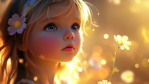 Child with Flowers in Golden Sunlight.