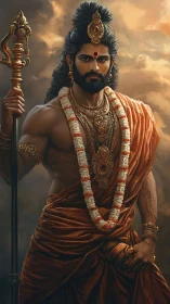 Warrior sage stands in divine light with regal intensity