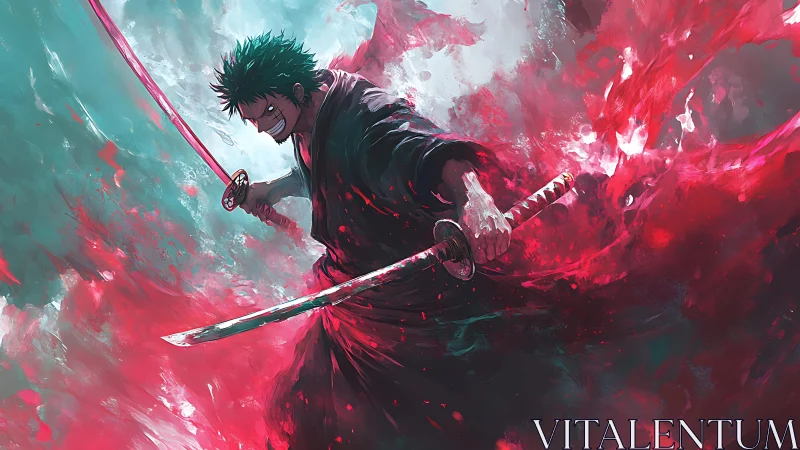 Storm of blades swirls around a fierce anime swordsman