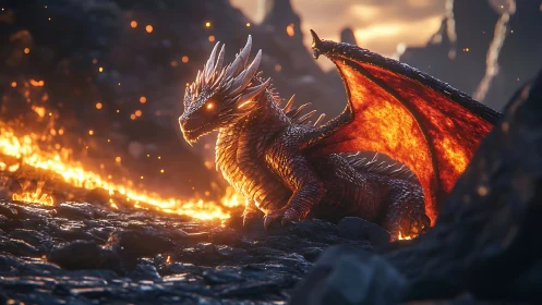 Volcanic wyrm resting amid incandescent lava fissures.