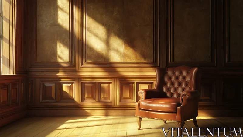 Sunlit leather throne lingers patiently in a wooden hush