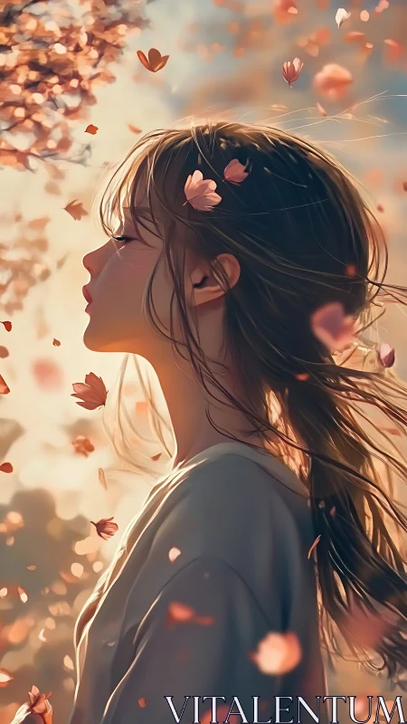 Side-profile anime portrait in windblown sakura atmosphere.
