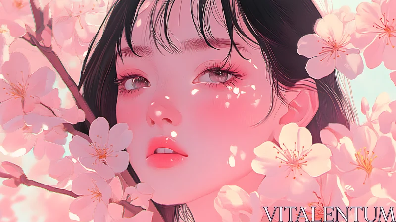 Pink cherry blossom portrait of young woman in bloom.