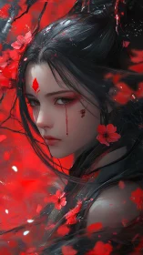 Crimson blossoms circle a sorrow-marked warrior&rsquo;s gaze