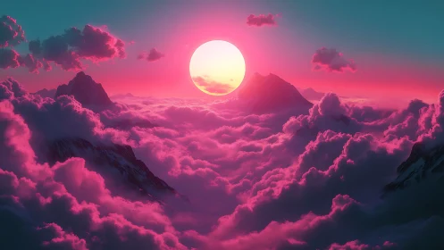 Neon pink sunset above cloudy mountain peaks in sky.