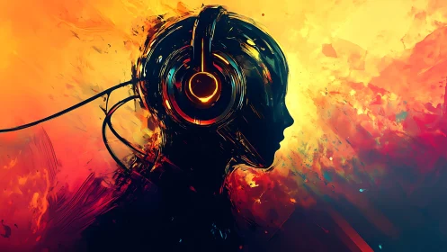 Silhouetted cybernetic listener against high-energy chromatic field