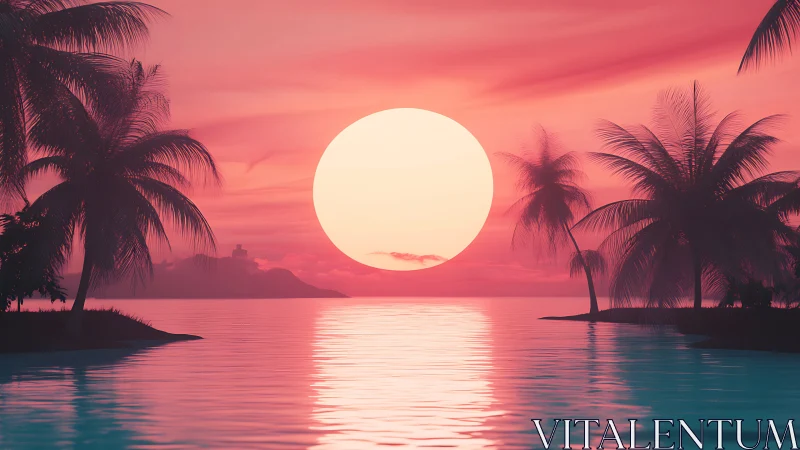 Neon sun descends over tranquil synthwave island lagoon.