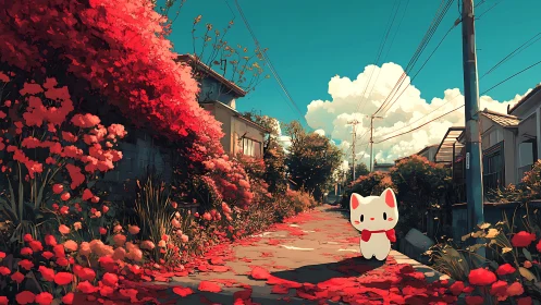 Cute lucky cat strolls through sunlit lane of scarlet blooms