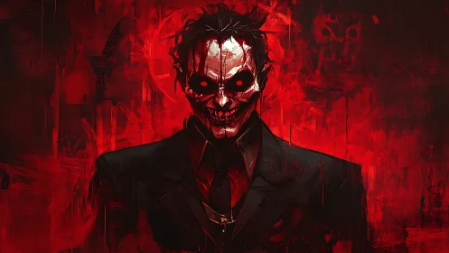 Sinister skull-faced figure in suit against red void.