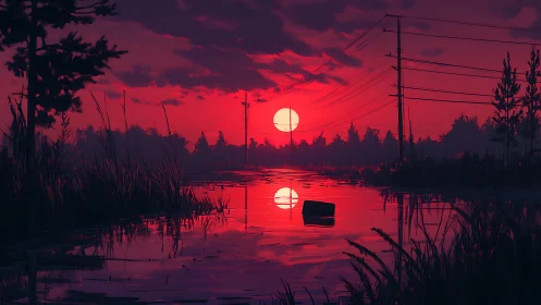 Electric marsh sunset glows over flooded rural road.