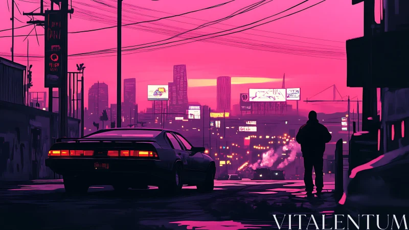 Neon dusk muscle car and lone drifter above pink city glow.