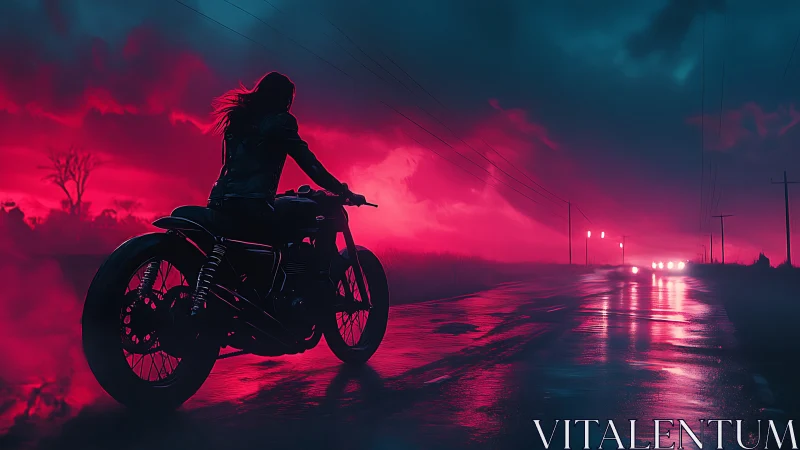 Motorcyclist on wet road under red neon storm sky.