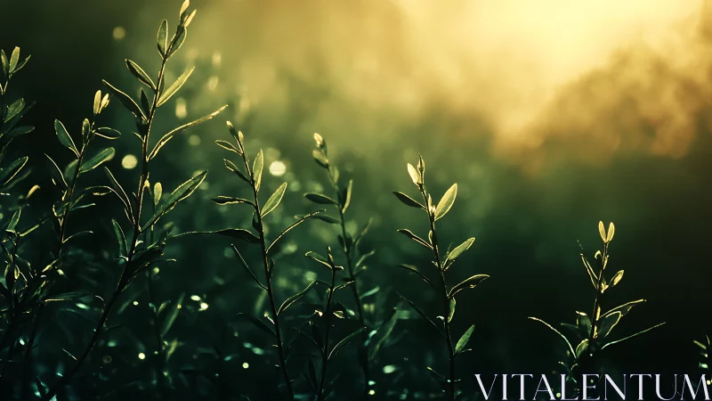 Sunlit green leaves in dreamy morning light, nature photography.