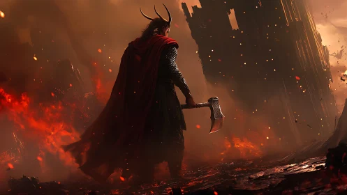 Lone horned warrior strides through burning ruined battlefield