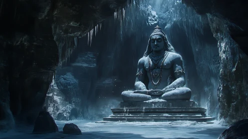 Photorealistic icy cavern with monumental meditative statue focus.