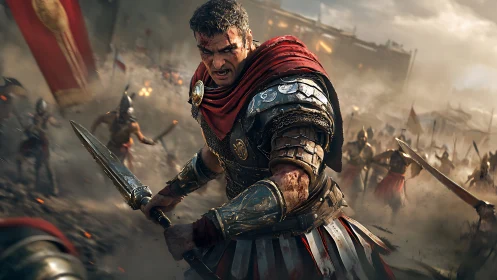 Bloodied legate storms the battlefield in burning chaos.