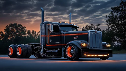 Custom black semi truck at dusk with orange accents.