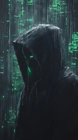 Hooded cyber figure in green digital rain at night.
