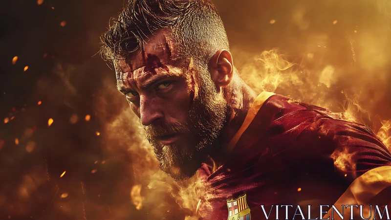 Male footballer in red kit amid stylised fire effects.