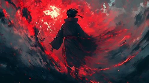 Figure walks into swirling red and black abstract storm