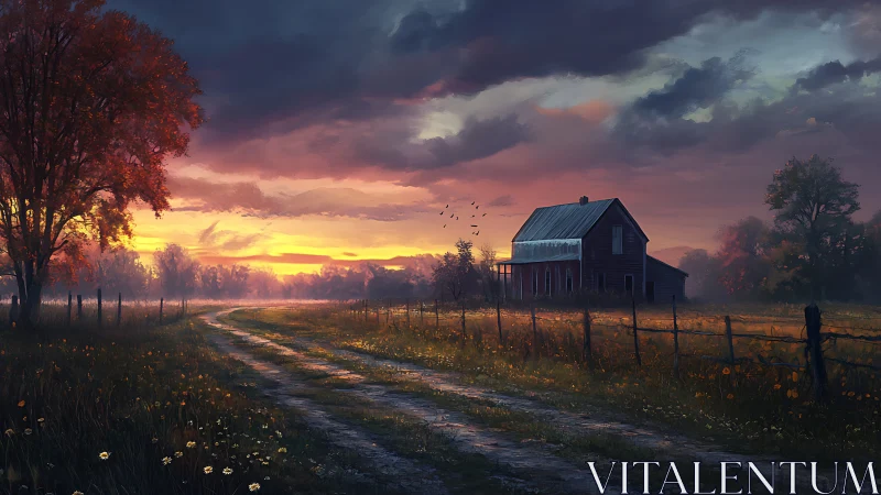 Sunset illuminates rural farmhouse beside winding dirt road