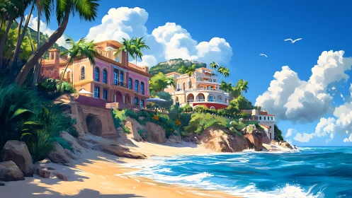Sunlit cliffside villas sipping turquoise ocean breeze.