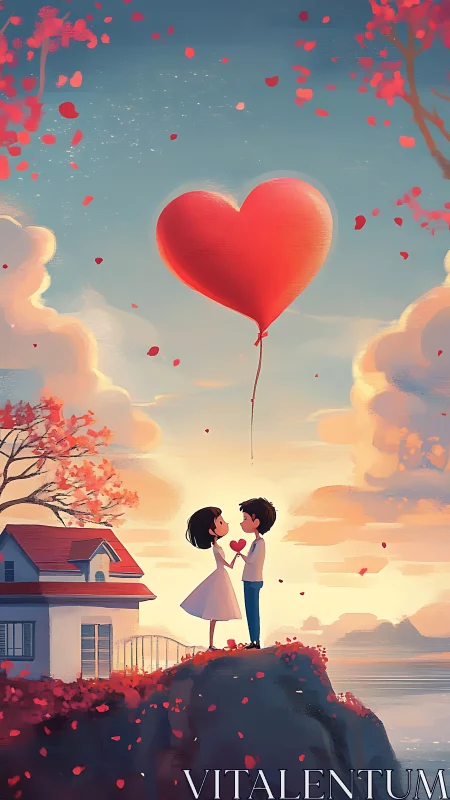 Couple With Red Heart Balloon Against Sky.
