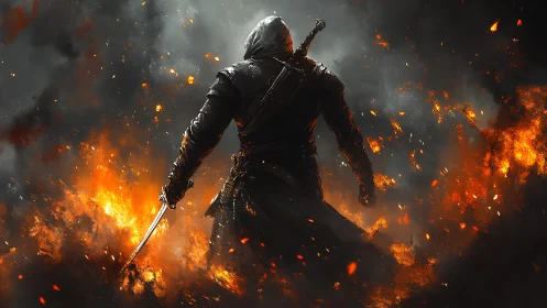 Hooded swordfighter advances through swirling battlefield fire
