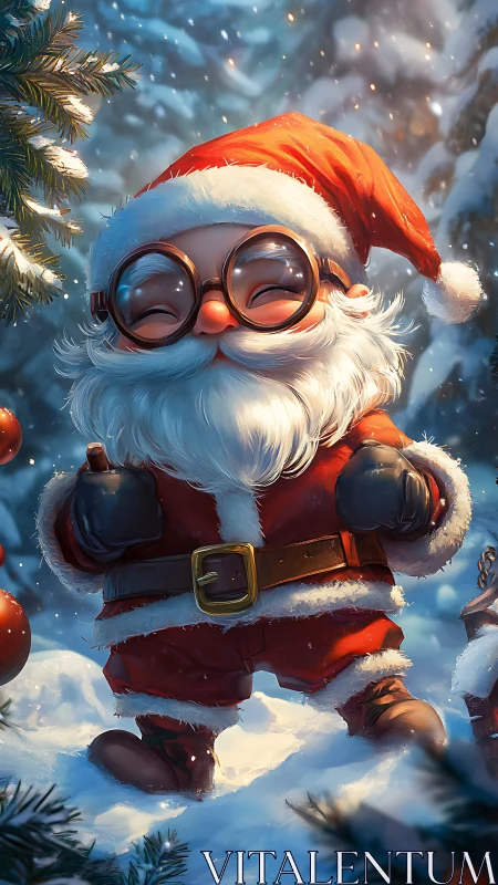 Miniature Santa figure with oversized goggles in snowy forest.