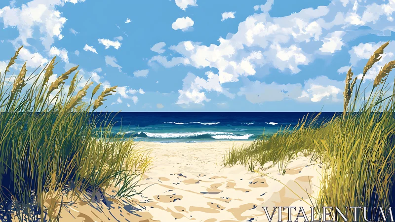 Sunny sandy beach path framed by coastal dune grass.