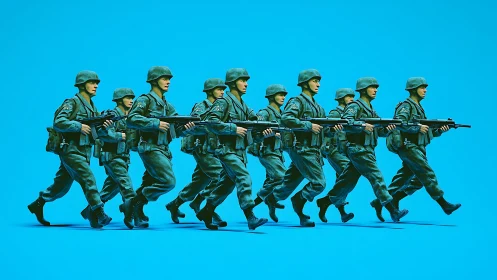 Marching toy soldiers crossing a bright blue daydream.