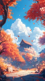 Elevated rural house amid dense orange autumn foliage.