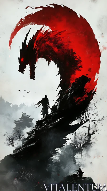 Lone warrior confronts a blood-red dragon in swirling mist