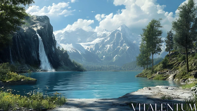 Glacial cascade and alpine lake under volumetric daylight rendering.